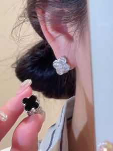 Full Diamond Black Double-Sided Four-Leaf Flower Ear Button Earrings Special-Interest Design Fancy Earrings 2024 New Arrival Best Selling