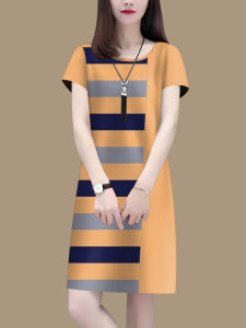 Summer 2025 Loose Fit round Neck Short Sleeve Dress Korean Style Striped Print Fashionable A-Line Midi Dress Slimming Splicing