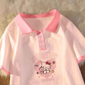 Áo Thun Polo Cotton Nguyên Chất Tay Ngắn Dáng Rộng Mùa Hè Dễ Thương Cho Nữ in Hình Mèo Katy Thời Trang Thường Ngày