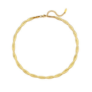 Gnker 8K Gold Plated Waterproof Braided Herringbone Chain Necklace Bracelets Set Stainless Steel Jewelry For Women
