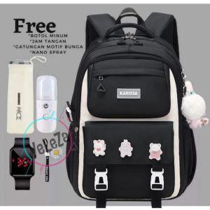 Tas ransel sekolah anak perempuan remaja SD SMP model Karissa gratis botol minum jam tangan nano spray dan gantungan tas bunga tas ransel