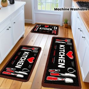 VIKAMA Farmhouse Kitchen Mat KITCHEN Heart-Shaped Kitchenware Print Machine-Washable Non-Slip Mat Kitchen Home Decor