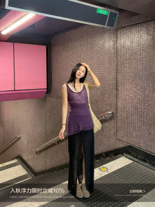 กระโปรงยาวผ่าหน้าสีดำถักสำหรับผู้หญิง ทรงเอวสูง สไตล์เกาหลี ยาวคลุมเข่า ทรงหลวม ผ้าผสมอื่นๆ