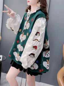 Large Size Knitted Floral Embroidery Vest Top Womens Spring Autumn Sleeveless round Neck No Button Plant Floral Pattern