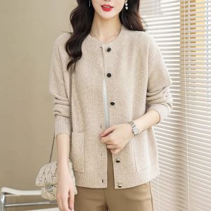 Spring and Autumn Clothing K-style Pure Color Cashmere Cardigan Womens Easiest for Match round Neck Knitting Outwear Short Loose Sweater Outer Long-Sleeves