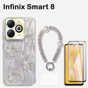 3in1 For Infinix Smart 8 case smart 8 hd smart 8 pro tempered glass lanyard 3in1 Feathered case Four-leaf clover painted protective case Full-screen tempered glass film Pearl case