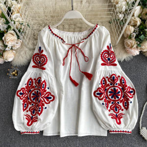Áo Blouse Cổ V Dân Tộc Thêu Đầy Đủ Có Rơi