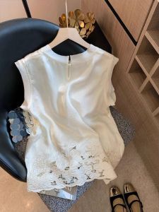 White Round Neck Spliced Design Summer Vest Top for Outerwear