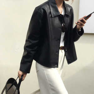 Áo Khoác Da Xe Máy Cổ Điển Mỹ Cỡ Nhỏ Thời Trang Thu Đông 2025 Áo Khoác Da PU Ngắn Thường Ngày Có Nút Cài Dài Tay