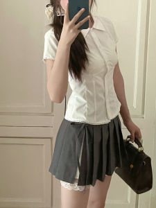 Áo Sơ Mi Nữ Tay Ngắn Màu Trắng Pure Desire Phong Cách Mới Mùa Hè Thiết Kế Eo Dài Vừa Vặn Ren Ghép Nối Thời Trang