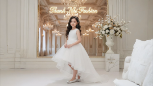 Váy Đầm Bé Gái Đuôi Tôm Trắng Tiểu Thư Sang Trọng Cọc Tay Đính Nơ Sau Lưng TN2522006