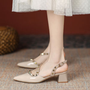 XIANNIWEI | French Style Nude Mid-Heel Pointed Toe Studded Sandals