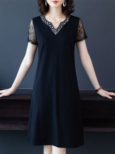 plus Size Summer Dress Short Sleeve Belly Covering Slimming Straight Korean Style V-Neck Loose Waist Mid-Length A-Line Skirt