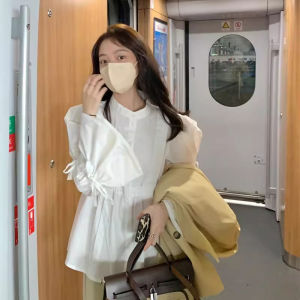 Stylish Stand-up Collar Flared Sleeves Doll Shirt Womens Spring and Autumn Sun Protection Long Sleeves Shirt Niche Style Pleated Slim-Fit Tops Tide