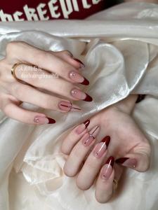 Handmade Wand Wearable Nail Art Almond Red French Nude White Enhancing Autumn Winter Oval Shape Nail Stickers by Loffi Nail