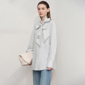 AMII | Minimalist Cotton Striped Loose Mid-length Half-neck With Flower Collar Shirt