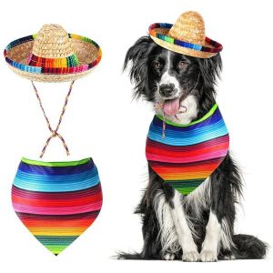 Mexican-Style Dog Hat & Bandana Set Pet Striped Neck Scarf for Dogs Pet Bibs Dog Dress Up Dog Triangular Scarf