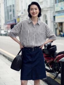 Basic House | Cotton Summer Short Sleeve Plaid Blouse