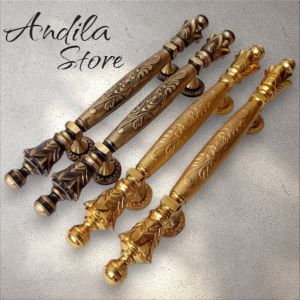 Handle pintu kuningan motif nanas ukir bunga panjang 45cm dengan varian warna antiq emas dan full gold