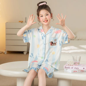 Cat Person Childrens Sleepwear Ice Silk Thin Cool Sensation Breathable Summer Short Sleeve Shorts Home Clothes Set for Girls