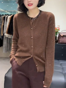 QINGNAER | Vintage Style Brown Glitter Slim Fit Wool Knit Cardigan