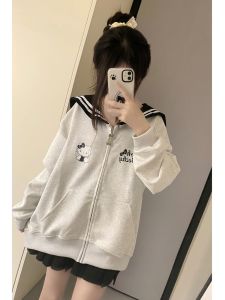 American Style Kitty Navy Collar Open Cardigan Sweatshirt Womens Autumn Winter Thickened Fleece Lined High Quality Cute Outerwear for Sisters