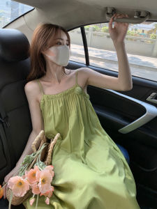 Summer Green Camellia Halter Dress Womens Sweet Soft Style Long Dress Pure Desire First Love Dress Retro A-Line Skirt