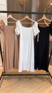 D11689 Square Neck Pull Sleeve Midi Dress