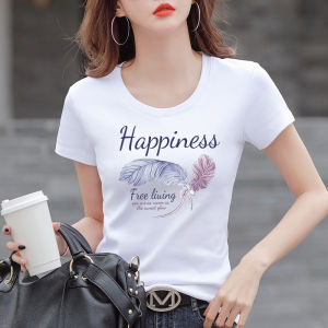 Short Sleeve Pure Cotton T-Shirt Womens Korean Style Printed Slim Fit Summer New Arrival Fashionable Womens round Neck Top