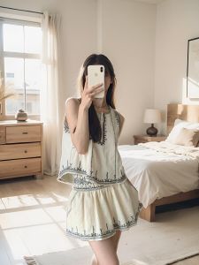 Bohemian Style Summer Outfit French Elegance Sleeveless Embroidered Vest Top High Waist Mini Skirt Women Two-Piece Set