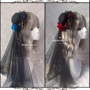 Original Lolita Black Burgundy Roses Gothic Lace Hair Accessories Veil Side Clip Jewelry Headdress Top Hat