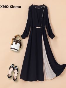XMO | French Design Round Neck Long Sleeve Pleated Slim Waist Dress