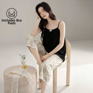 Baisina | Summer Cotton Sleepwear Set with Bra Pad Camisole 3/4 Pants