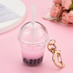 Mini Simulated Pearl Milk Tea Cup Keychain Creative Moon Buckle Straw Bag Accessories Pendant Exquisite Resin Craft Gift