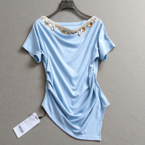 Slim Fit Shoulder Bared Pleated Ethnic Style Short Sleeve Womens T-shirt Summer New Fashion Versatile Casual Wear T407