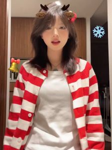 Áo Len Dệt Kim Dài Tay Ngắn Màu Đỏ Trắng Mới Thu Đông Cho Nữ Phong Cách Hàn Quốc Ngọt Ngào Áo Khoác Ngoài Áo Len Cardigan Hở