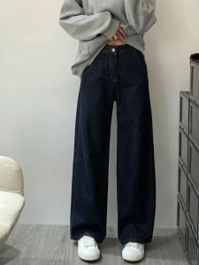กางเกงยีนส์ทรงตรงสีน้ำเงินเดนิมไซส์ใหญ่เอวสูงสำหรับผู้หญิง กางเกงขายาวทรงหลวมสไตล์วินเทจทรงสลิมฟิตสำหรับฤดูใบไม้ผลิ