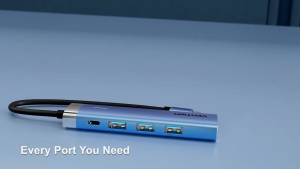 Hub USB 3.0 5in1 Vention  TGFSB | Konektor LAN RJ45 100Mbps + USB-C PD + 3 Port USB Aluminium Blue