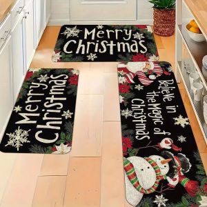 VIKAMA Christmas Santa Kitchen Rug Buffalo Plaid Snowflake Non Slip Washable Floor Mat for Hallway Entrance Home Decoration