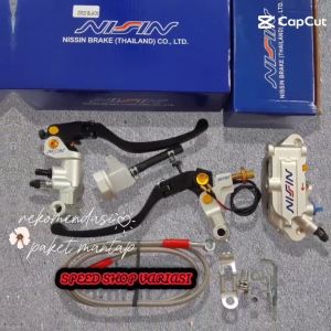Paket handle master rem kiri kanan nizzin + kaliper monoblok 4 piston + slang rem 90cm universal semua motor bisa pakai metic bebek vixion/satria fu/ninja/cbr/vario/beat/scoopy/mio/bajaj/mega pro DLL