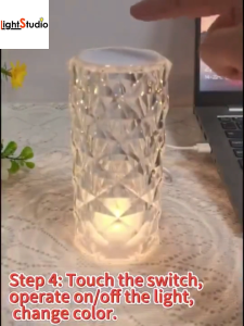 Rose Diamond Crystal Portable 3 Colour Table Lamp USB Charging Acrylic LED Wireless Rechargeable
