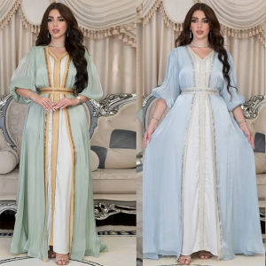 Moroccan Caftan Luxury 2023 Silk Satin Elegant Lantern Sleeve 3pcs Dress Diamonds Abaya Muslim Sets Ramadan Dresses For Women