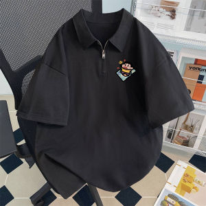 Teenage Boys Polo Shirt Short Sleeve Zipper High Street Style Cotton T-Shirt Geometric Pattern Print Loose Fit Summer Fashion