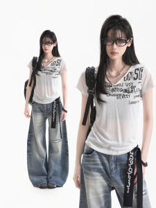 zuocisankon | Retro Printed V-Neck Fitted Sheer T-Shirt