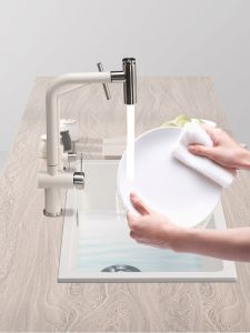 Seven-Character Kitchen Pull-out Hot and Cold Sink Faucet Rotate Lead-Free Cream Style Oatmeal Color Pearl Gray Black