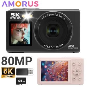 Digital Camera CCD Dual Screen Portable Digital Camera with18X Zoom 5K Vlogging Camera 80MP CCD Selfie Camera with 64GB Card