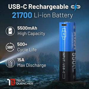 XTAR 21700 5500mAh USB-C Battery - 15A Max - Protected Cell - 3.6V Rechargeable Lithium-Ion Battery