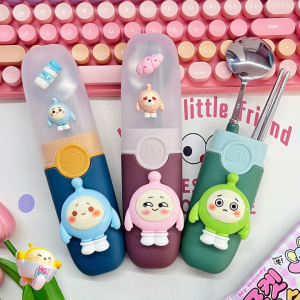 ชุดตะเกียบและช้อนสแตนเลส 304 สำหรับเด็กนักเรียนประถมศึกษา ชุดเครื่องมื้ออาหารพกพา กล่องเก็บของลายการ์ตูน