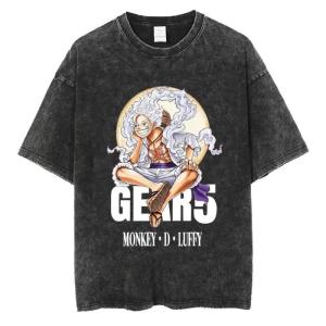 Bandai | Japanese Anime ONE PIECE Cotton Print T-Shirt Retro Cotton Washed Short-sleeved T-shirt for Men and Women Y2K Harajuku Tee Tops
