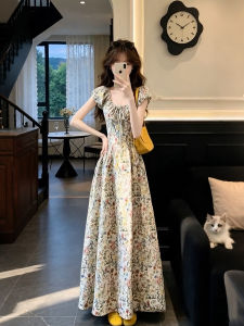 XUECAIQI | Vintage Floral Flounced Waist-cinching Dress